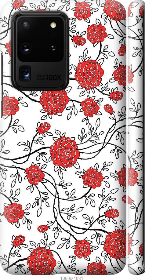 Чехол на Samsung Galaxy S20 Ultra Красные розы на белом фоне