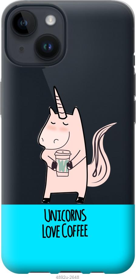 

Чохол на iPhone 14 Єдиноріжок з кавою