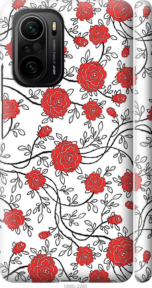 Чехол на Xiaomi Poco F3 Красные розы на белом фоне