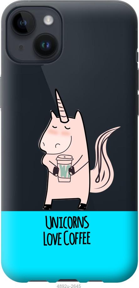 

Чохол на iPhone 14 Plus Єдиноріжок з кавою