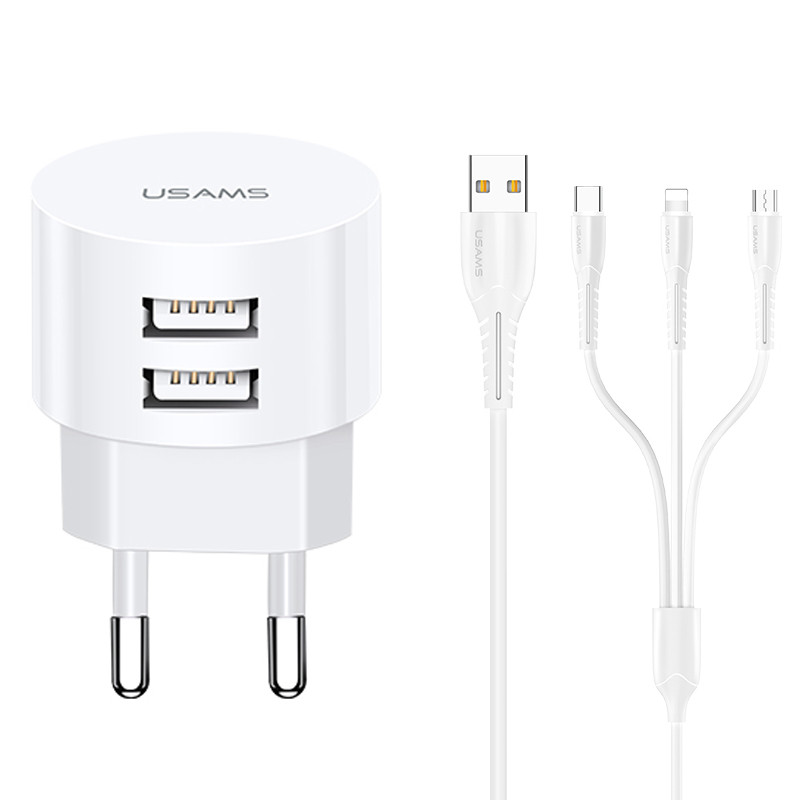 

СЗУ USAMS T20 Dual USB Round Travel Charger (EU)+ U35 3IN1 Charging Cableдля Зарядные устройства Белый (123683)