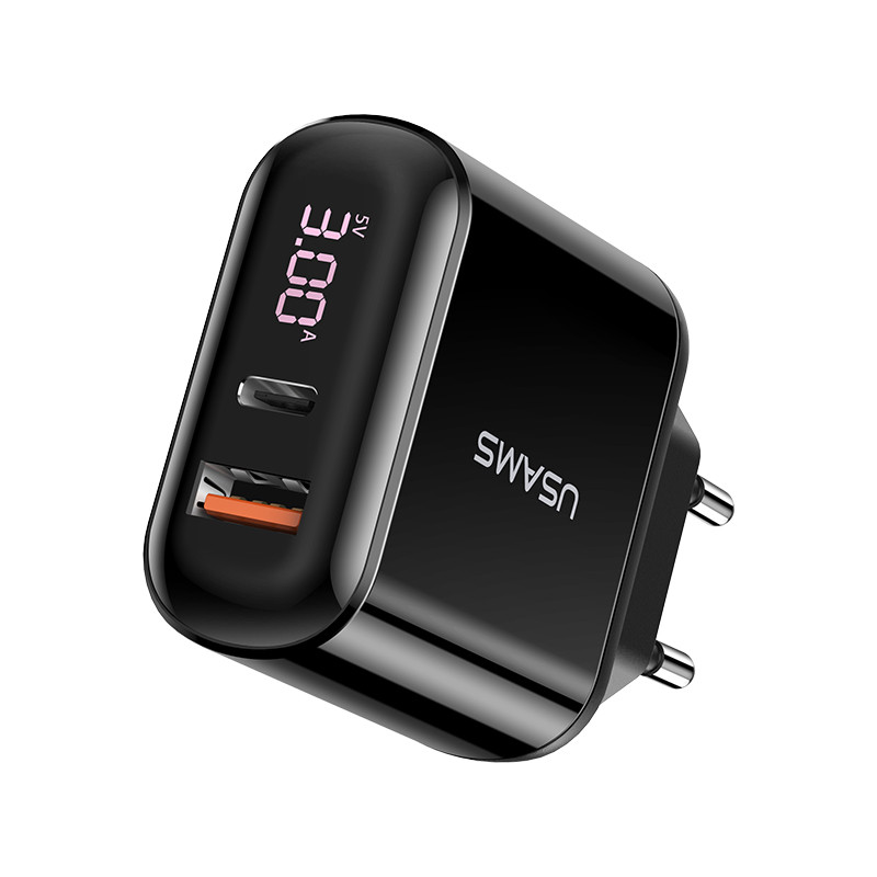 

СЗУ USAMS US-CC085 T23 QC3.0+PD3.0 18W Digital Display Fast Charger （EU）для Зарядные устройства Черный (123698)
