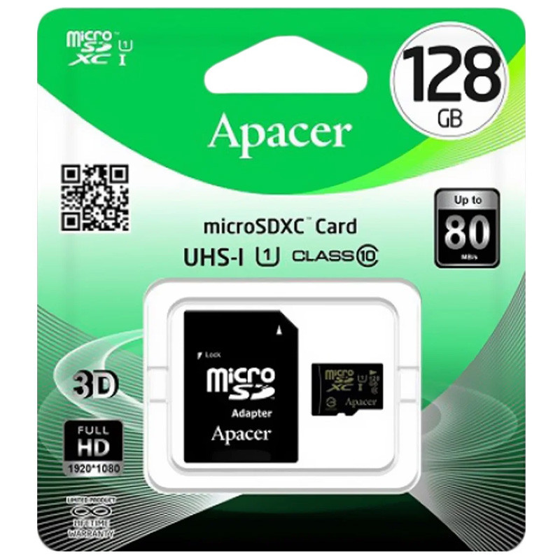 

Карта пам'яті Apacer microSDXC UHS-1 128 GB Class 10 + SD adapter