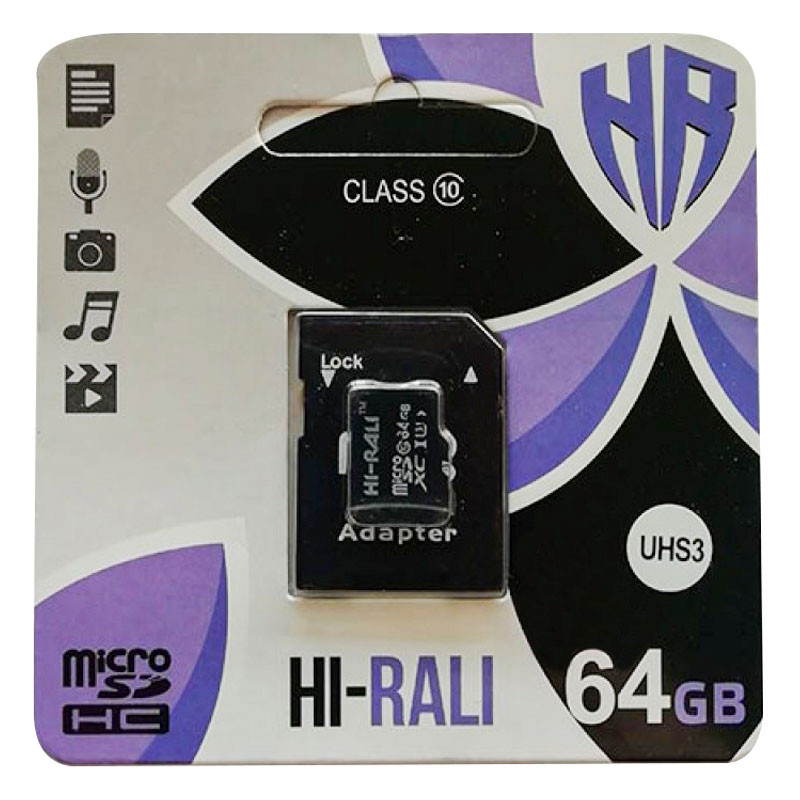 

Карта пам'яті Hi-Rali microSDHC 64 GB Card Class 10 + SD adapter (Чорний)