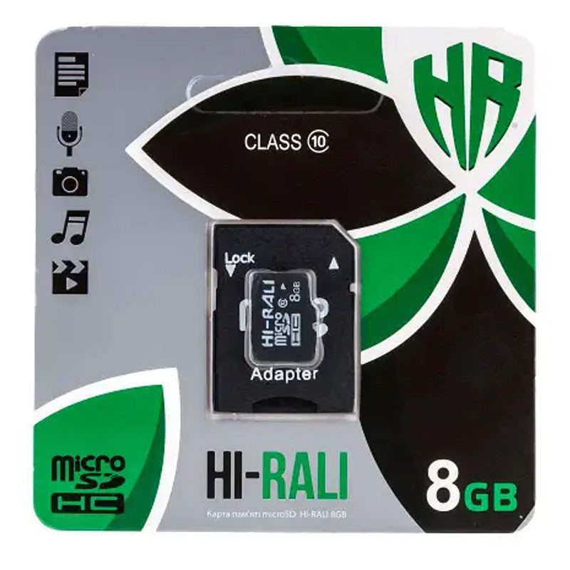 

Карта пам'яті Hi-Rali microSDHC 8GB Card Class 10 + SD adapter (Чорний)