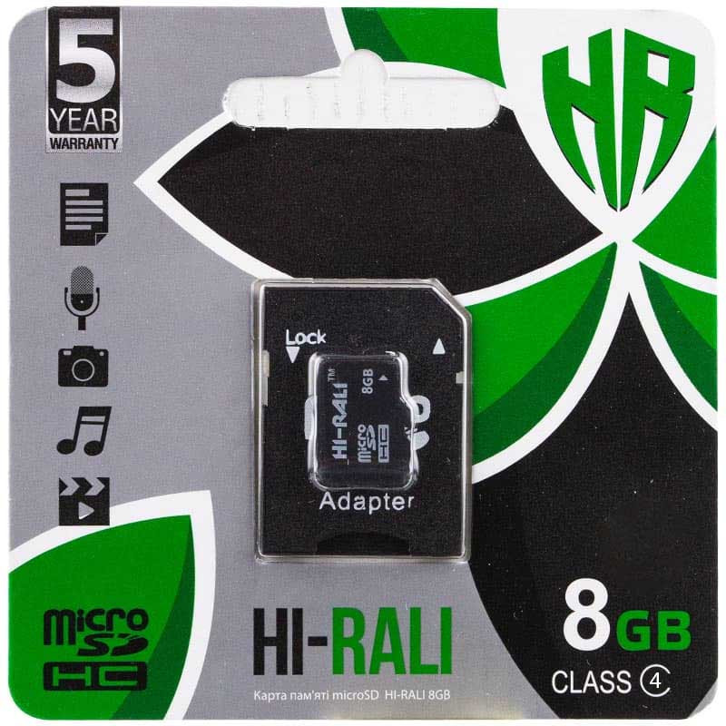 

Карта пам'яті Hi-Rali microSDHC 8 GB Card Class 4+ SD adapter (Чорний)