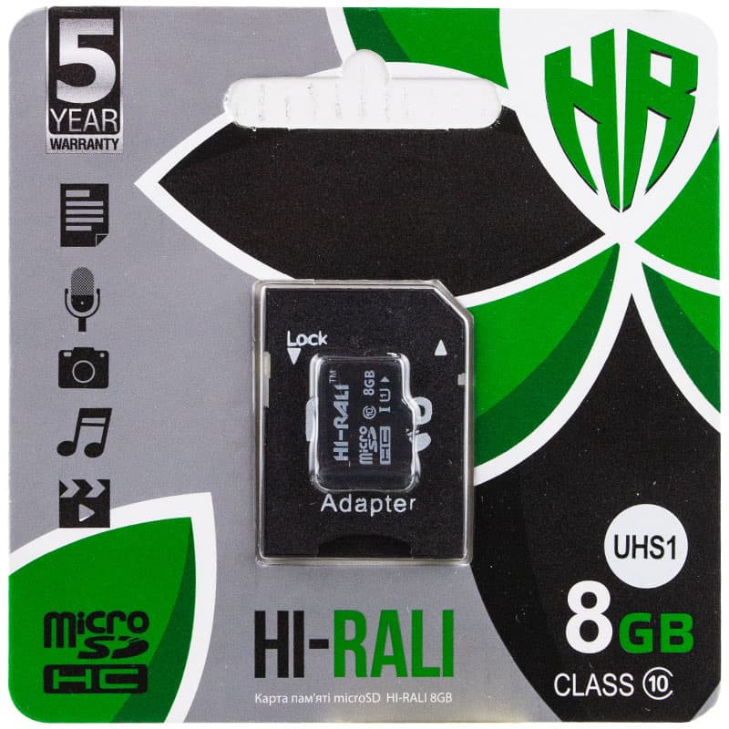 

Карта пам'яті Hi-Rali microSDHC (UHS-1) 8 GB Card Class 10 + SD adapter (Чорний)