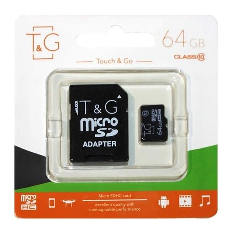 

Карта пам'яті T&G microSDHC 64GB class 10 (з адаптером) (Чорний)