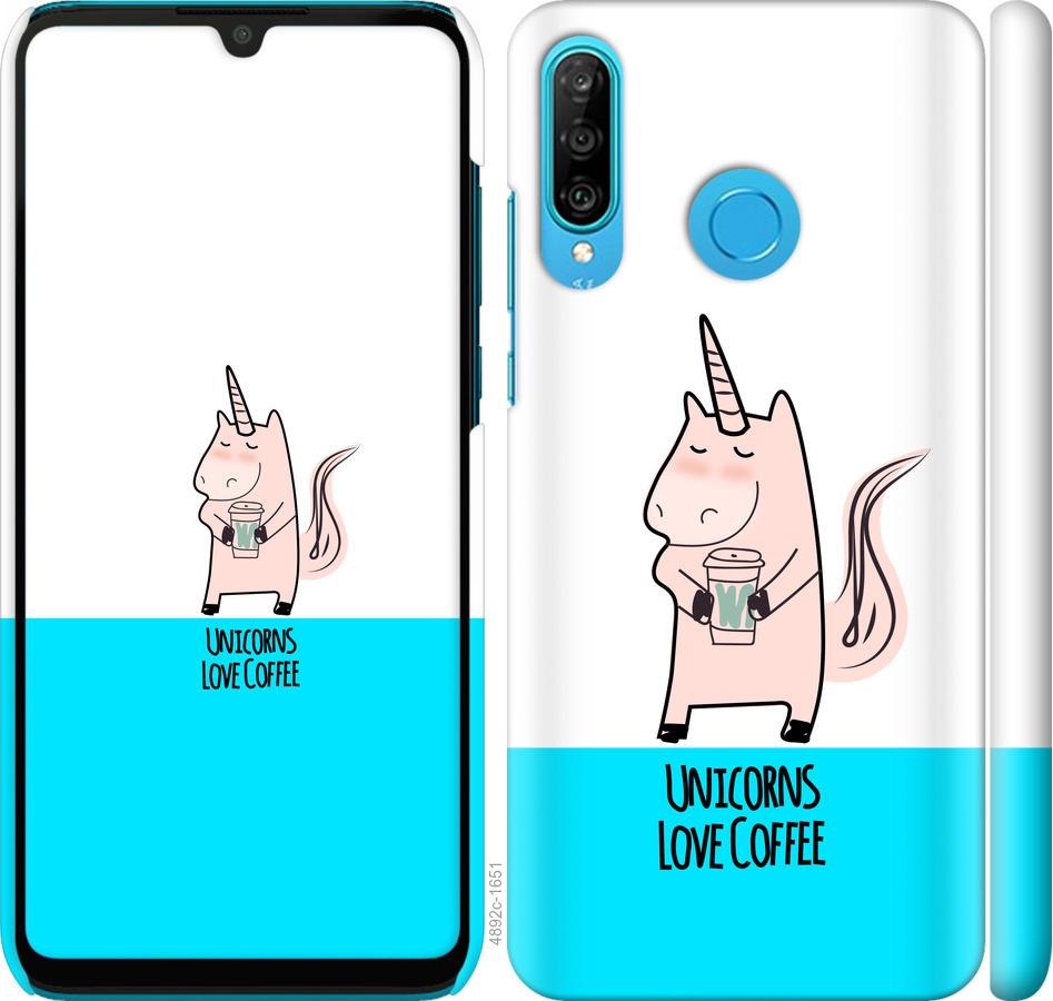 

Чехол на Huawei P30 Lite Единорожек с кофе