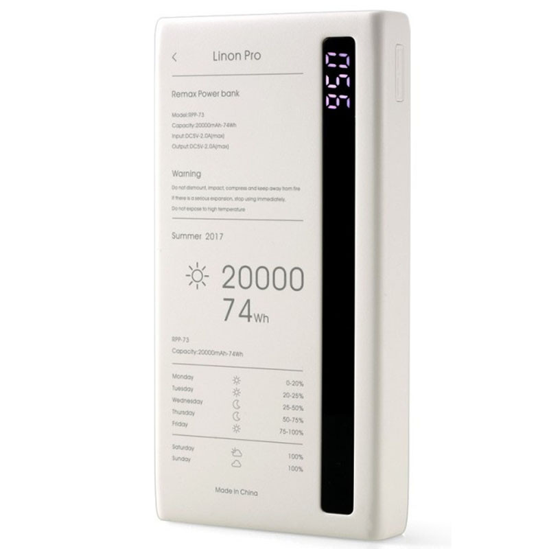 

Портативний зарядний пристрій Power Bank Remax RPP-73 Linon Pro 20000 mAh (Білий)