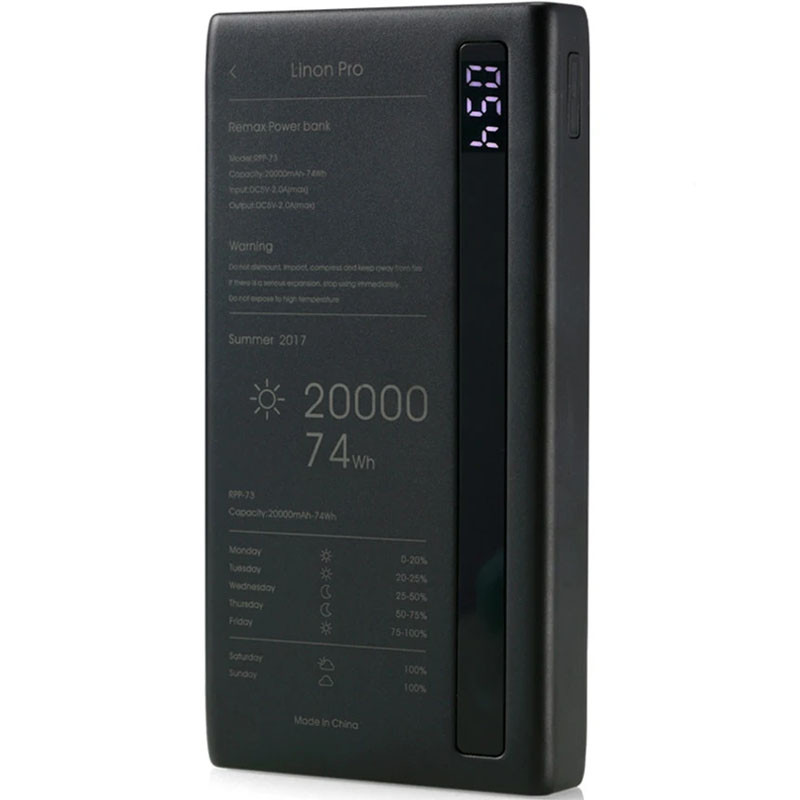 

Портативний зарядний пристрій Power Bank Remax RPP-73 Linon Pro 20000 mAh (Чорний)