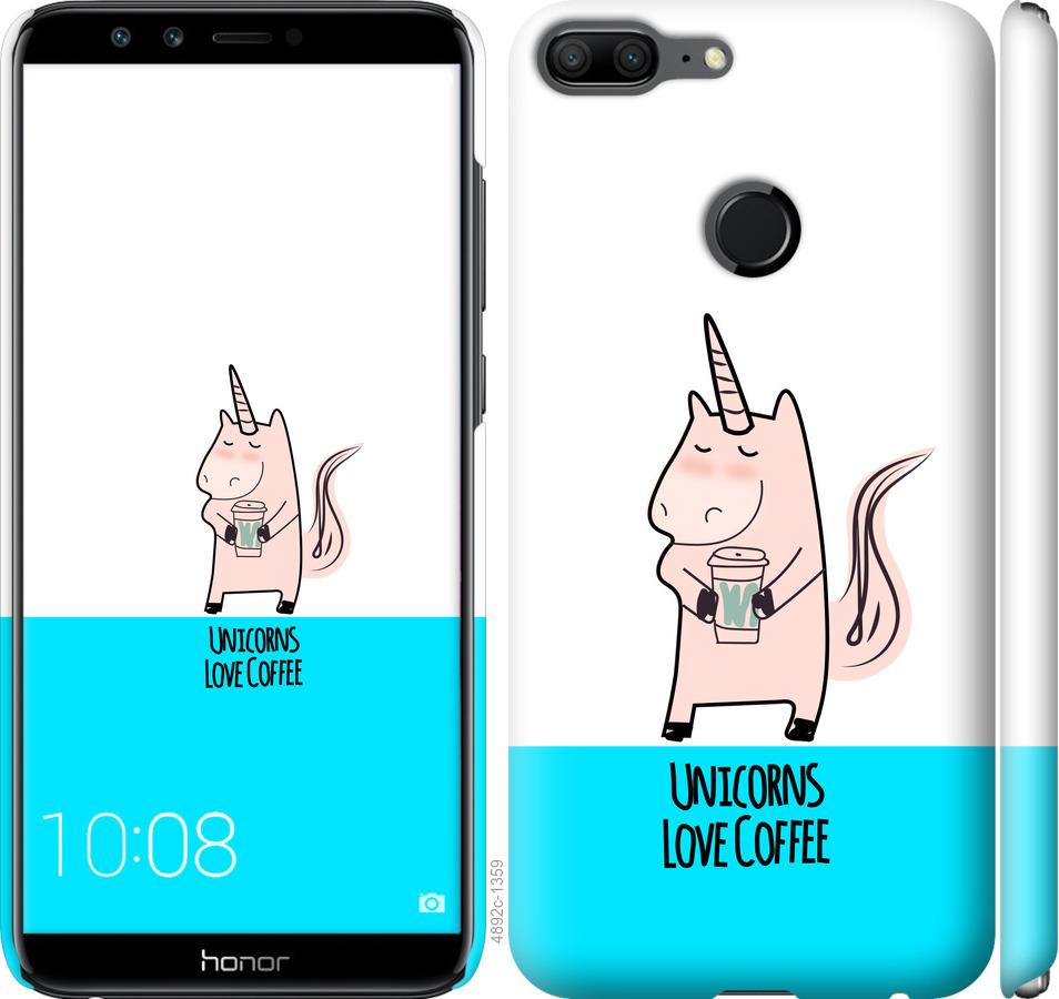 

Чехол на Huawei Honor 9 Lite Единорожек с кофе
