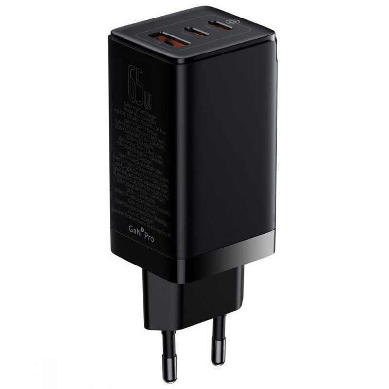 

МЗП Baseus GaN3 Pro 2хType-C+USB 65W EU(with Cable Type-C to Type-C 100W(20V/5A) 1m) (Чорний)