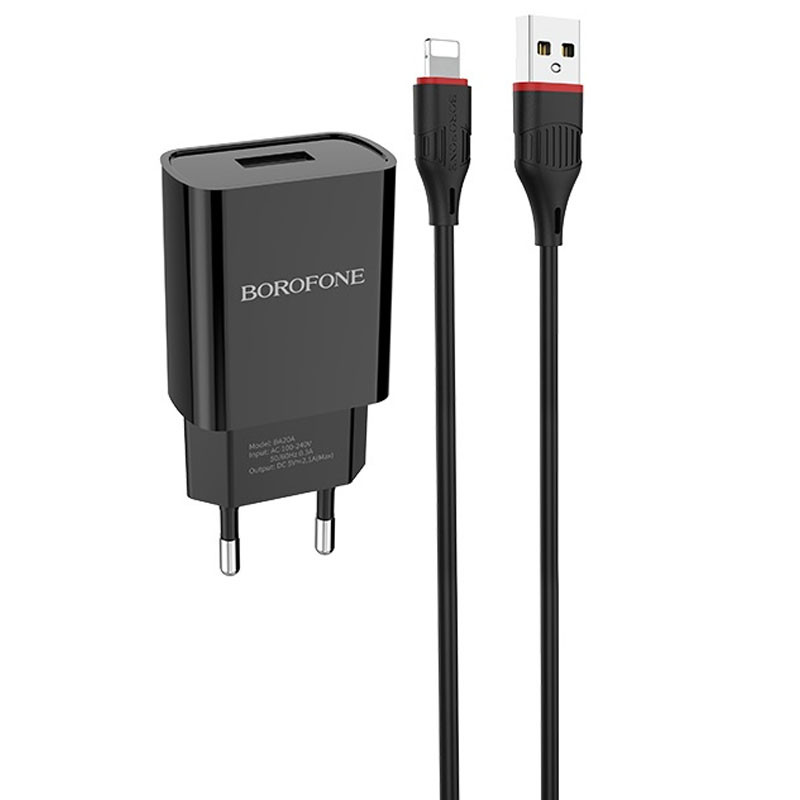 

СЗУ Borofone BA20A (1USB/2.1A) + Lightningдля Зарядные устройства Черный (218727)