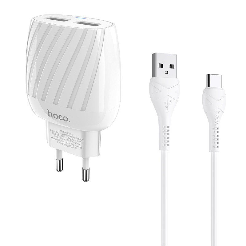 

СЗУ Hoco C78A (2USB/2.4A) + Type-Cдля Зарядные устройства Белый (148387)
