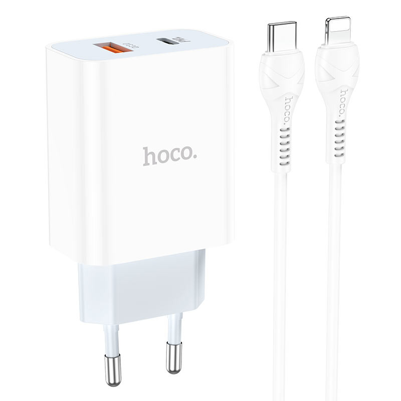 

СЗУ HOCO C97A PD20W+QC3.0 (1USB/1Type-C/3A) + Type-C to Lightning (244417)