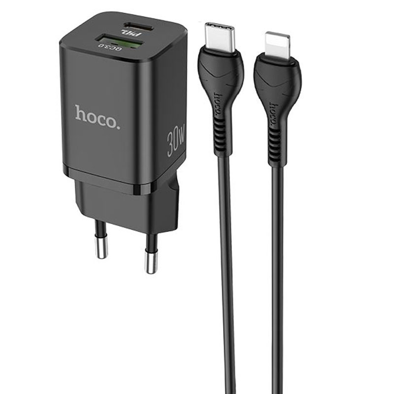 

СЗУ Hoco N13 Bright PD 30W + QC3.0 (1USB/3A) + Type-C to Lightning Черный (207665)