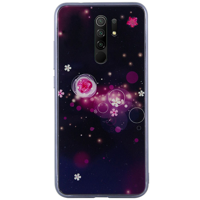 

TPU+Glass чехол Fantasy с глянцевыми торцами для Xiaomi Redmi 9 Пузырьки и цветы (141037)