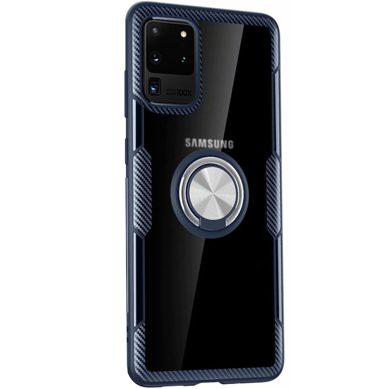 

TPU+PC чохол Deen CrystalRing під магнітний тримач для Samsung Galaxy S20 Ultra (Безбарвний / темно-синій)